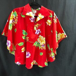Vtg Hawaiian Womens Shirt Bat Sleeves Red Hibiscus OS